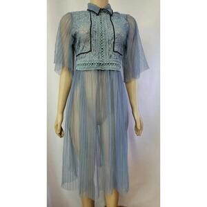 STORETS Boho Blue Sheer Mesh Lace Sz S Women's  Top Tunic Dress Embroidered #CC